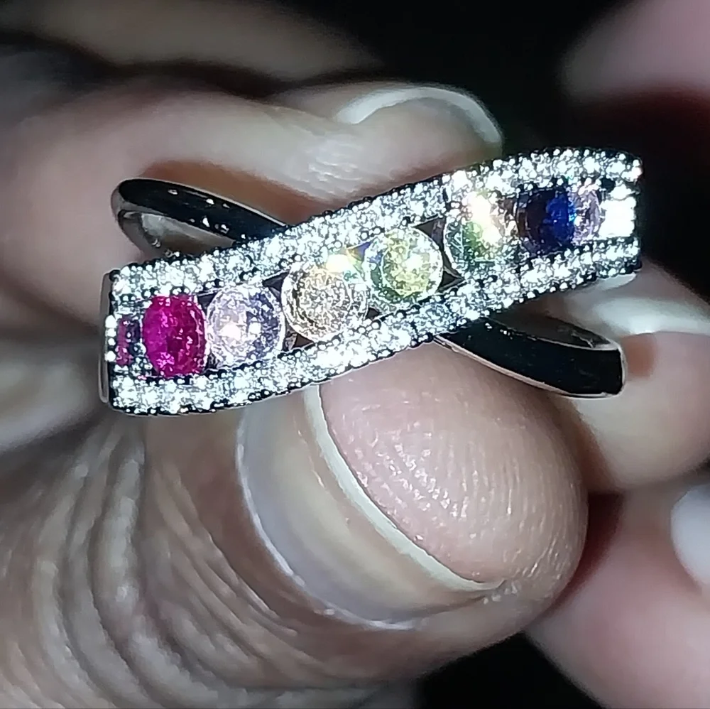 Elegant Multicolor Gemstone Silvery Ring Sz 7
